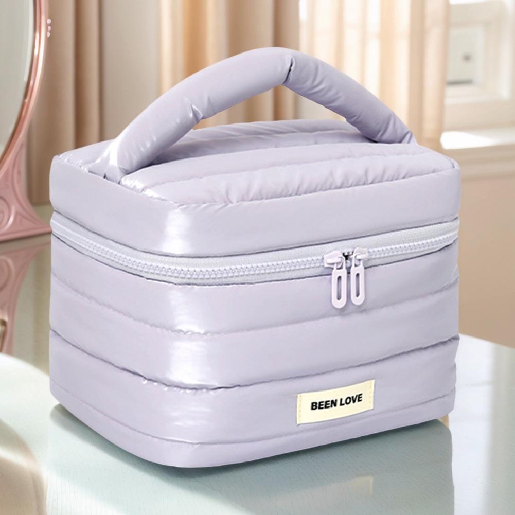 Пухлый стеганый косметический органайзер для женщин, дорожная сумка-органайзер для макияжа, косметичка, большая вместимость, на молнии, с ручкой