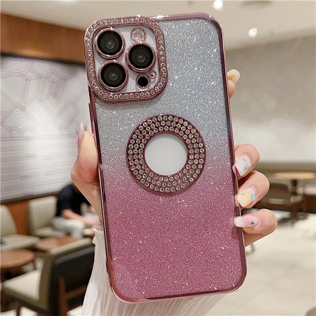 For iPhone 15 Pro Max Luxury Plating Gradual Flash Diamond Frame Phone Case For iPhone 11 12 13 14 16 Plus Lens Protective Cover