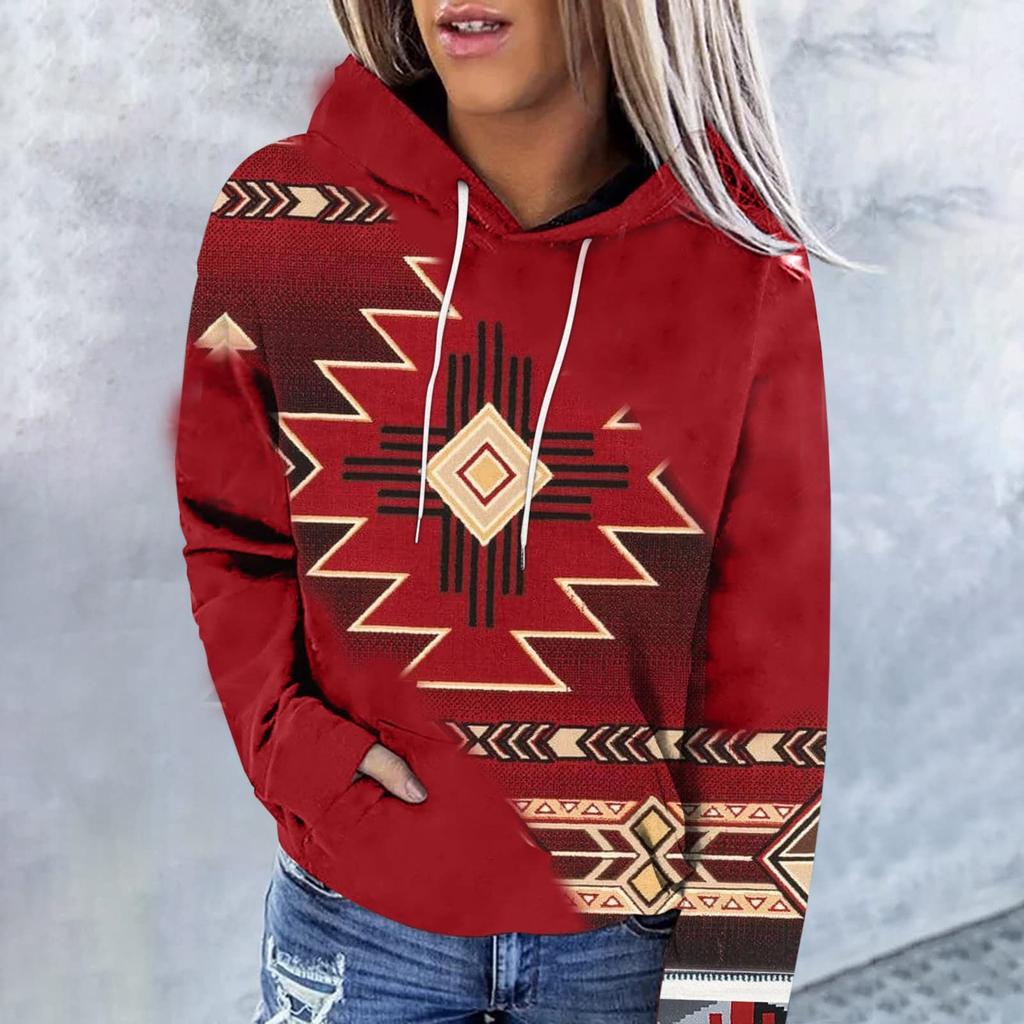 Women's Fashion Casual Ethnic Style Printed Long Sleeved Hooded Sweater Top