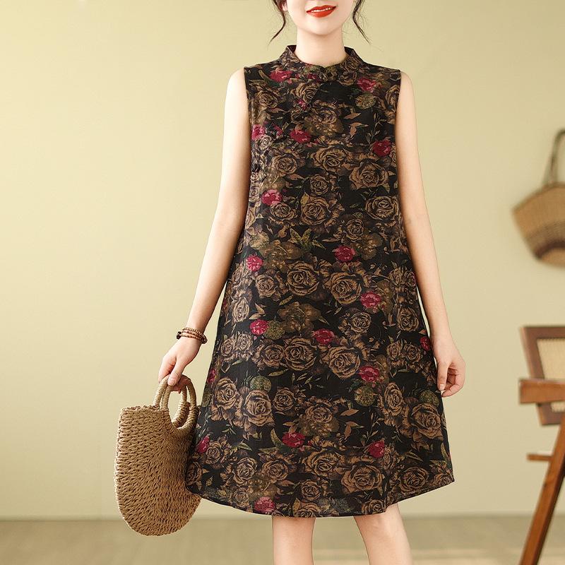 Летняя женская китайская ретро улучшенная юбка-ципао с дисковой пряжкой, свободное хлопковое и льняное платье без рукавов с принтом