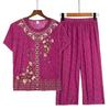 2 шт./компл. женский пижамный комплект среднего возраста с круглым вырезом и вышивкой, с коротким рукавом, большие размеры, эластичная талия, плиссированные