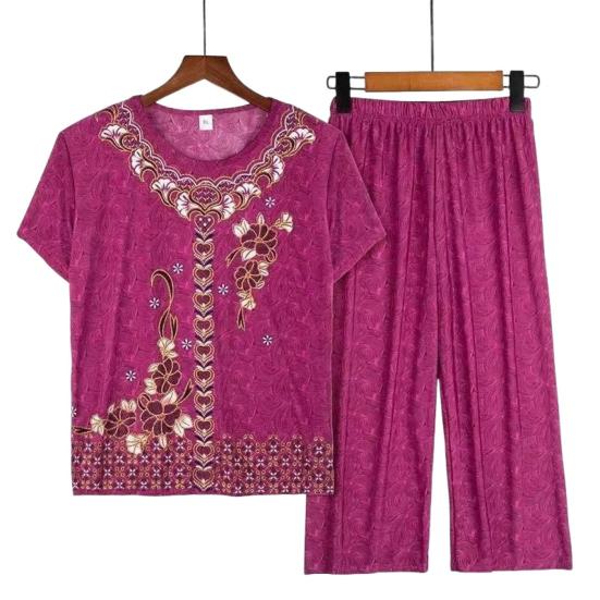 2 шт./компл. женский пижамный комплект среднего возраста с круглым вырезом и вышивкой, с коротким рукавом, большие размеры, эластичная талия, плиссированные