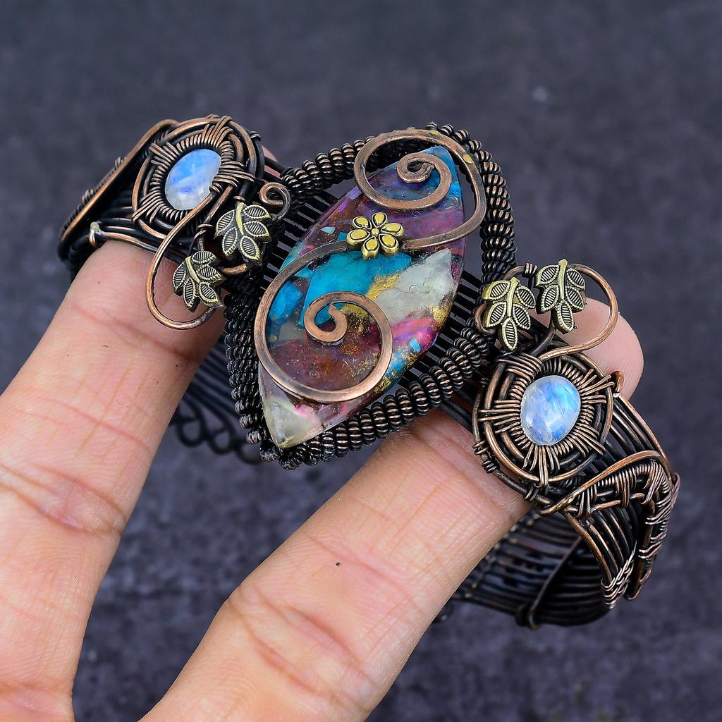 Драгоценный камень Спини Ойстер Медная проволока Обертка Манжета Браслет Регулируемый