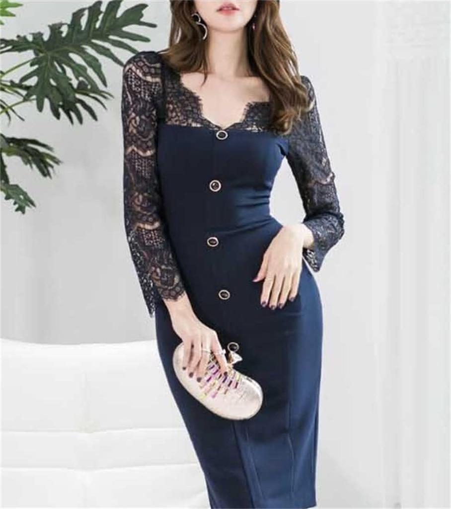 Mouhoukyo Women's Lace Dress, See-Through Sleeves, Long Sleeves, Tight Mini Club Dress, V-Neck, High Waist, Back Slit (Color As Pictured, Size M)