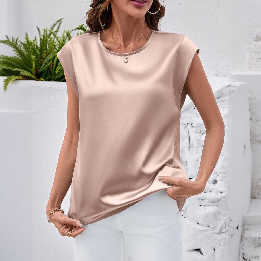 Women's Satin Blouse Summer Shirt Round Neck Tank Top Loose-Fitting Business Casual Top