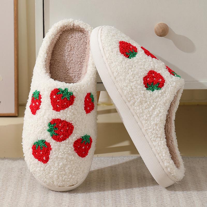 New Comfortable Home Cute Cartoon Strawberry Winter Cotton Slippers for Men and Women's Couples Thick Sole Warm Cotton Slippers