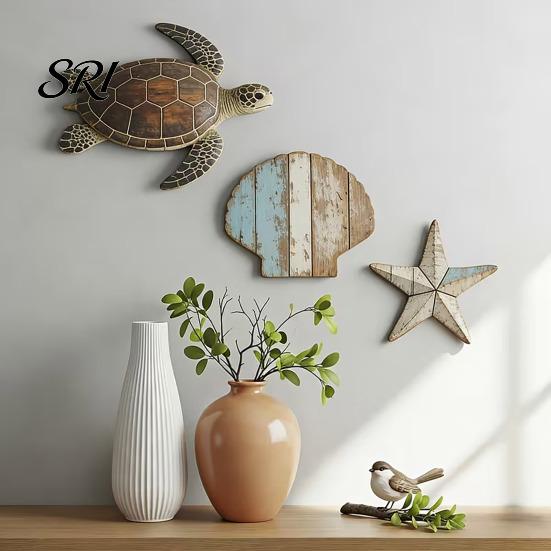 Living Room Nautical Decor 3Pcs Turtle Shell Starfish Wall Decoration Distressed Seaside Wood Bathroom Hanging Art Coastal Beach House Waterproof