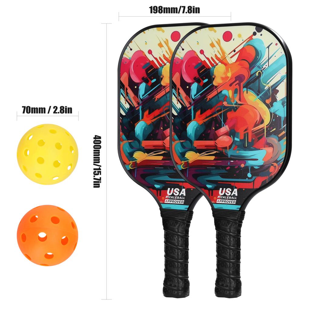 Fiberglas Pickleball Rackets Set Pickleball Paddle Set of 2 Rackets and 4 Pickleballs Balls