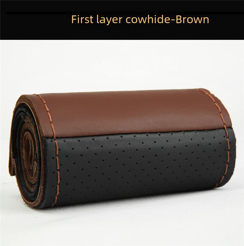 Универсальный комплект чехлов на ручки автомобиля и рулевое колесо из натуральной кожи - цветной сшитый вручную - 1-й слой коровьей кожи - Four Seasons - боковое отверстие