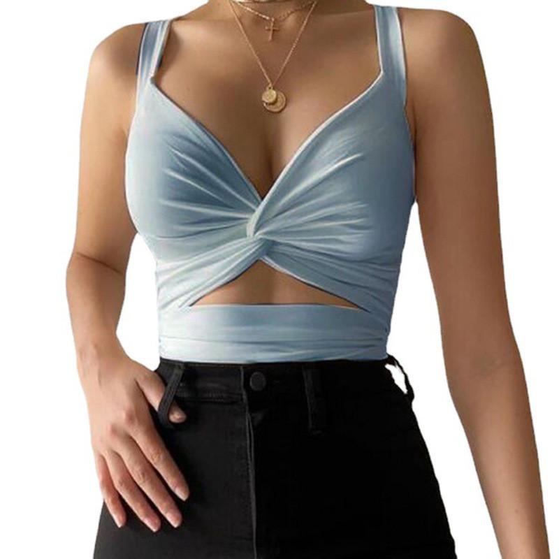 Women Summer Vneck Tank Top With Tiefront Elastic Band For Street Fashion