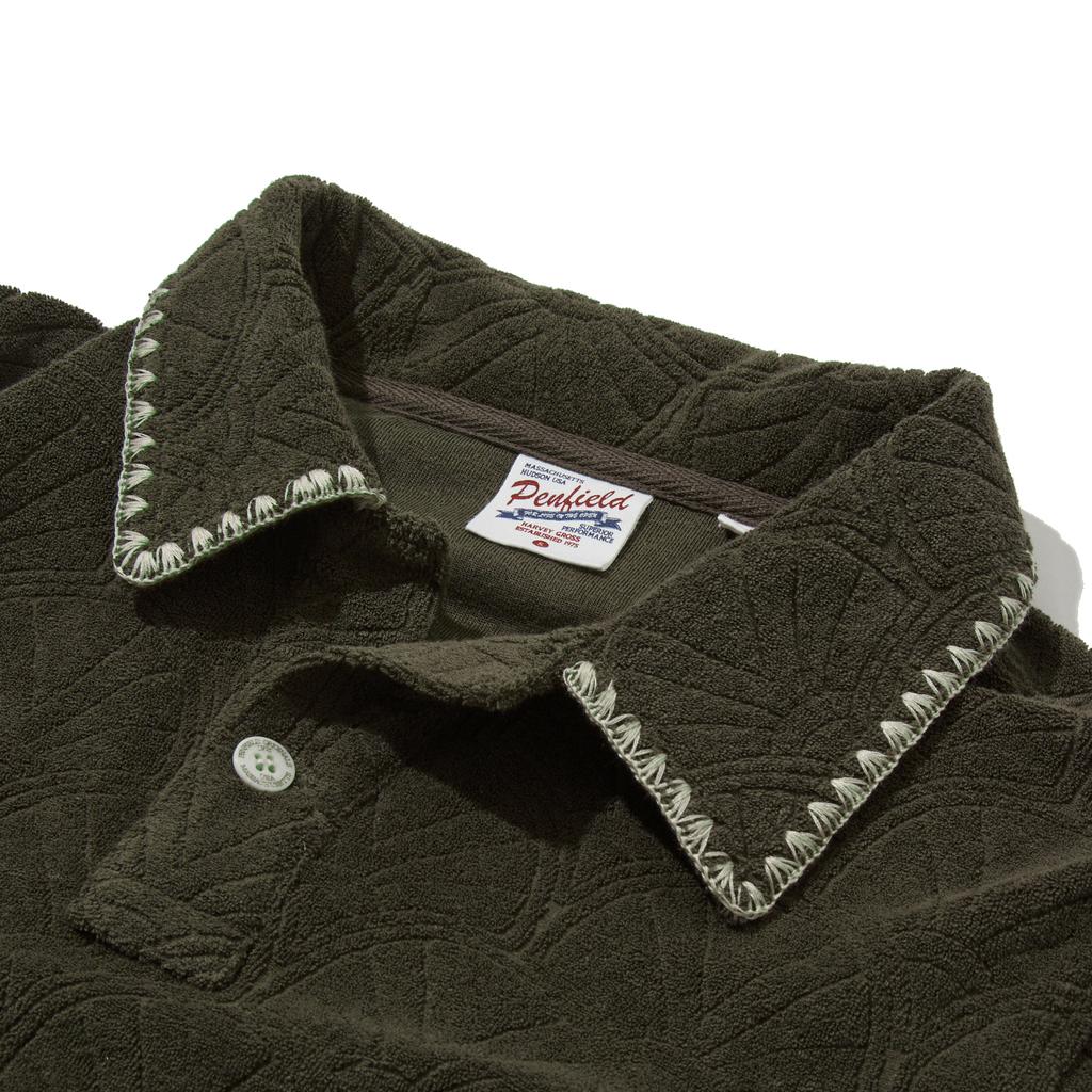 Курортный свитшот Penfield с узором «ракушка», махровый, с воротником-поло, оливковый_Fr2Kt203