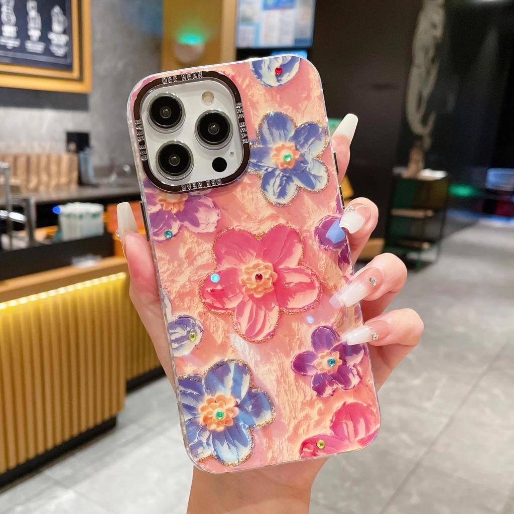 Металлическая рамка для чехла мобильного телефона Apple 15 iPhone17Pro Сине-белый Эпоксидная Радужное Масляная Живопись Цветок Браслет