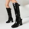 Meotina Women Knee High Long Boots Round Toe Chunky High Heels Zipper Buckle Gogo Boots Ladies Fashion Shoes Winter Black 43
