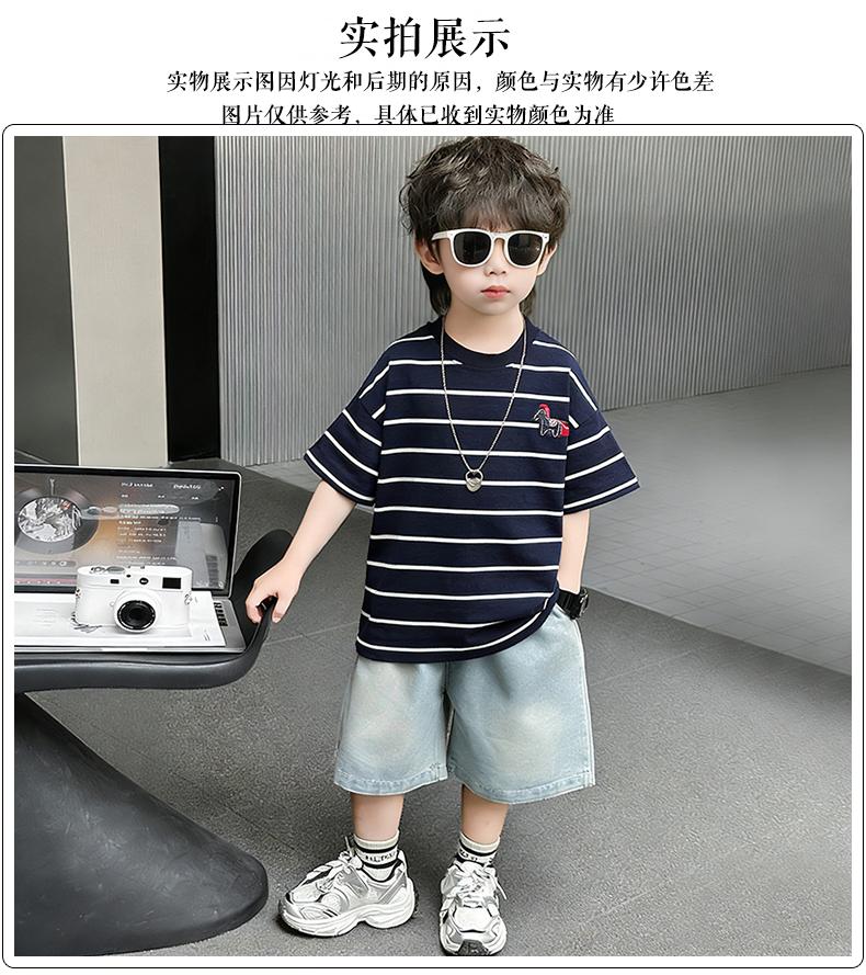 Boys' summer striped T-shirt set, new children's short sleeved denim shorts two-piece set, cool and trendy children's clothing