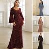 Ayollar Kechki Libosi Qo'ng'iroq Yengli Sequins A-line Qomatga Yopishgan Past Kesimli V-bo'yinli Maksi Libos O'rta Bel Orqa Fermuar Yopilishi Bitiruv Libosi