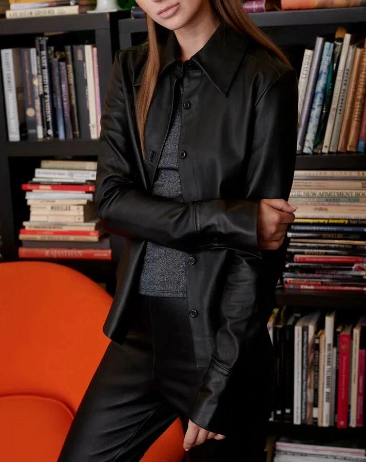 Stylish Casual Formal New Women Shirt Black Genuine Lambskin Leather Handmade