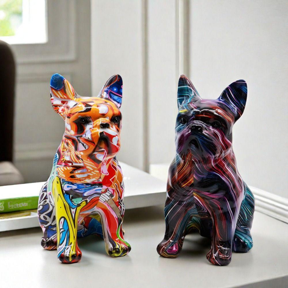 Kawaii Painted Bulldog Statue Cartoon Nordical Graffiti Animal Statue Colorful Dog Statue Garden