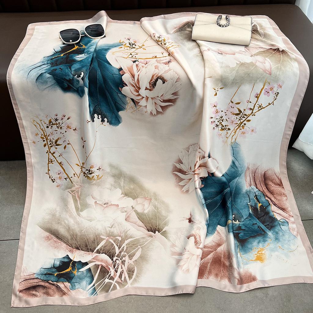 110cm Large Shawl Silk Square Scarf for Women Luxury Print Hijab Bandana Muslim Headband Wrap Beach Stoles Foulard Echarpe