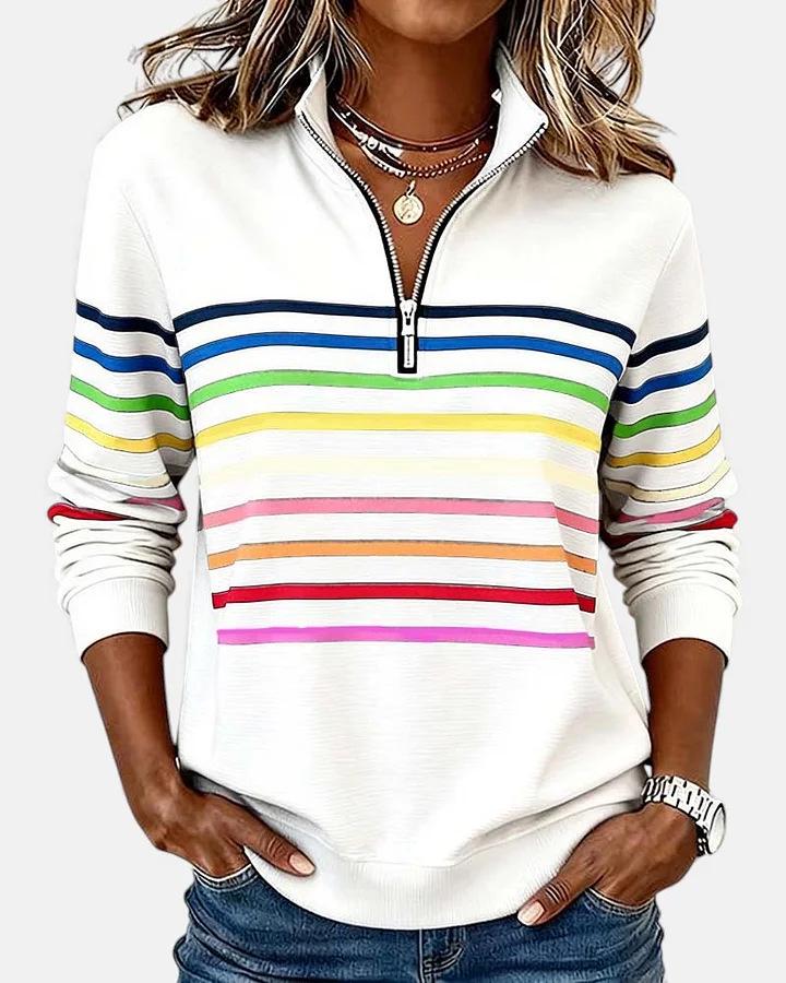 3D Print Striped Zipper Pullover Hoodie for Women