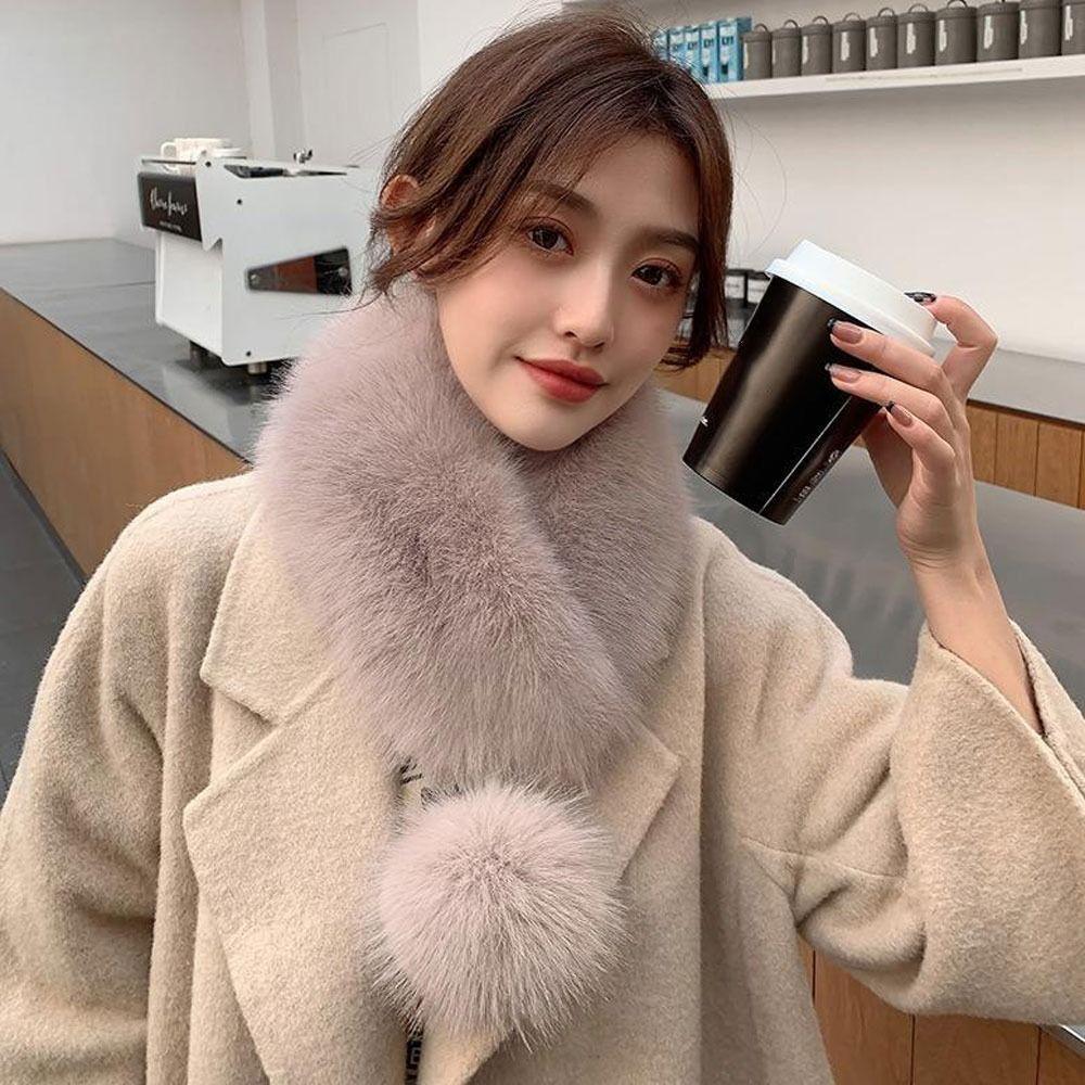 Solid Warm Soft Artificial Wool Bib Women Scarf Fur Collar Imitation Fur Scarf with Pompom