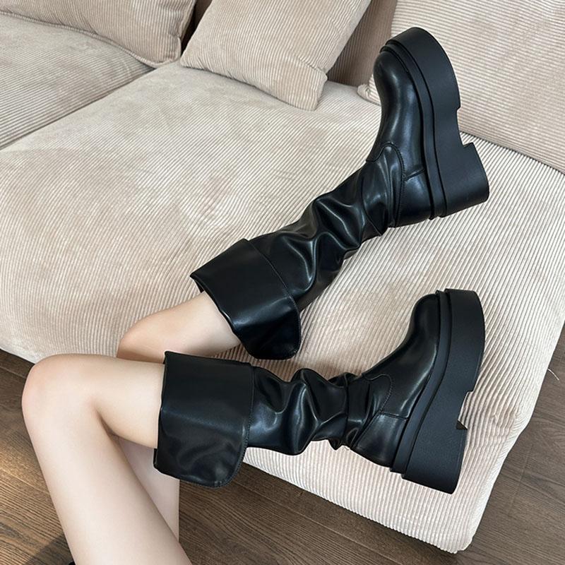 Мода Зимние женские сапоги в стиле панк до колена Модные плиссированные длинные сапоги без застежек Дизайнерские толстые каблуки Botas De Mujer