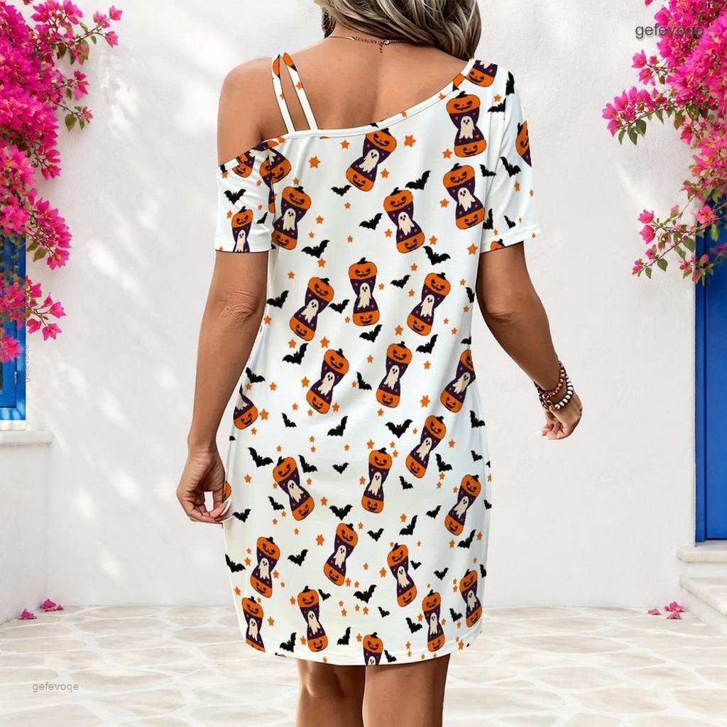 Women Plus Size One Shoulder Strappy Short Sleeve White Cartoon Wolf Printed Loose Dress