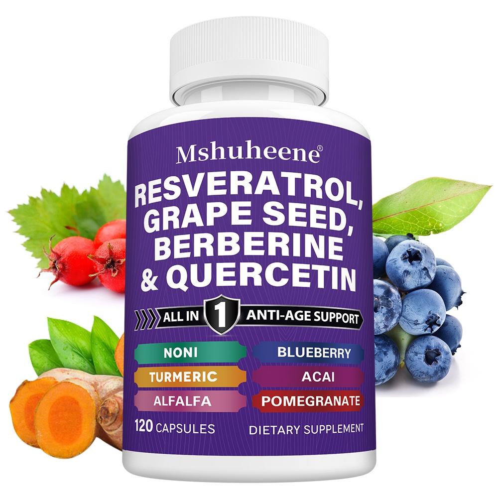 Mshuheene Resveratrol, Grape Seed, Berberine & Quercetin Complex Supplement with Hawthorn, NAC, Acai, Turmeric, Blueberry & Pomegranate, 120 Caps