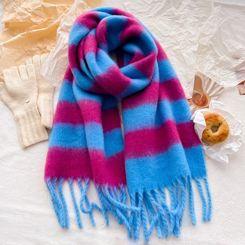 Retro Wool Scarf Women's Winter High-end Sense Versatile Striped Color Matching Warm Knitted Thickened Scarf