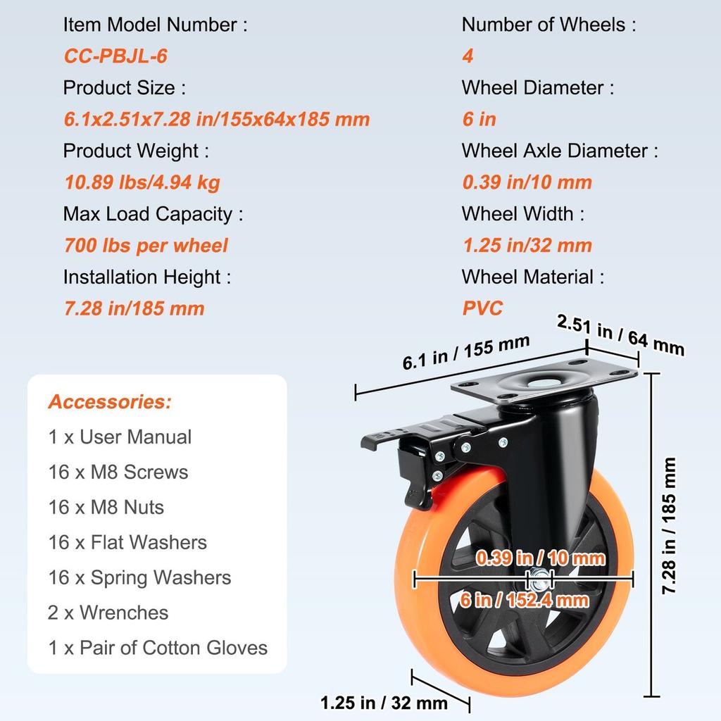 Caster Wheels, 6-inch Swivel Plate Casters, Set of 4, with Security A/B Locking No Noise PVC Wheels, Heavy Duty 700 lbs Load Capacity Per Caster,