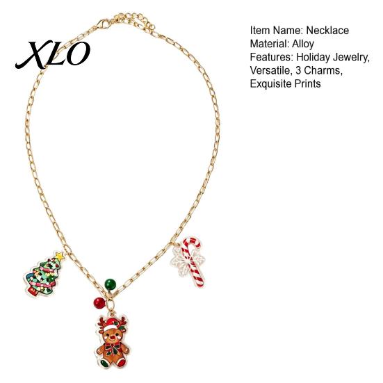 Festive Sweater Accessories Christmas Charms Necklace for Women, Cute Elk Tree Candy Cane Women with Bells, Alloy Jewelry Holiday Party Outfit