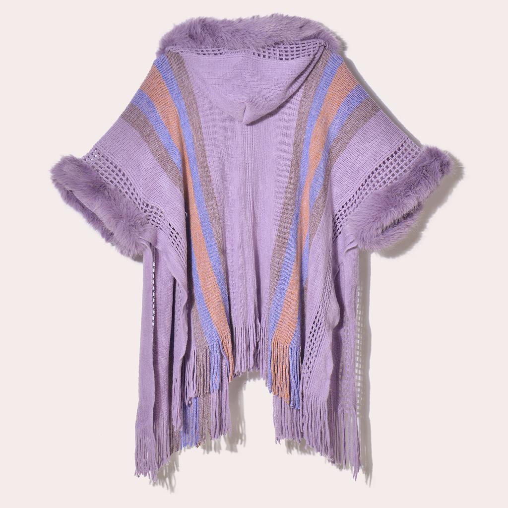 New Ethnic Style Fur Collar Hooded Knit Sweater Shawl Women's Spring and Autumn Knitted Cape Cape with Sleeves