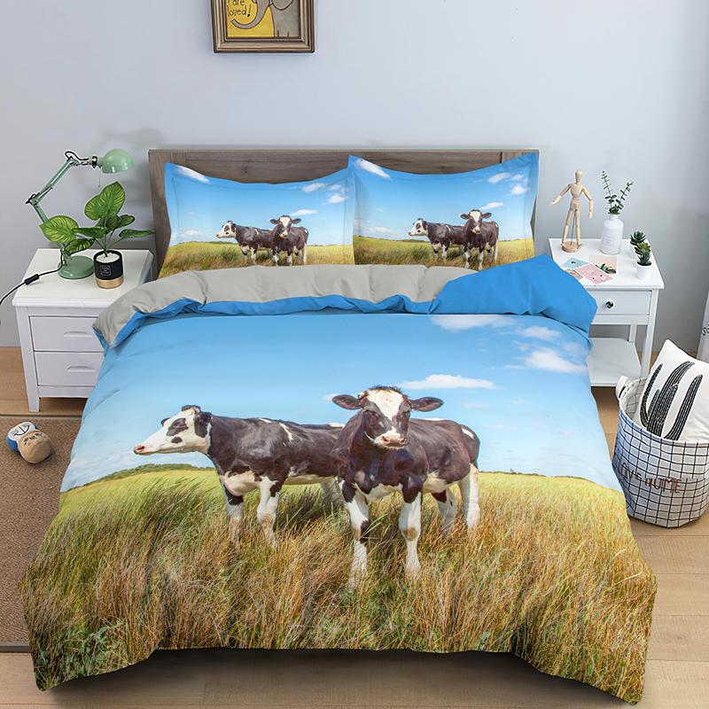 Cows Duvet Cover Set 3D Animals Black White Milk Cows King Queen Size Polyester Comforter Cover For Boys Girls Kids Bedding Set