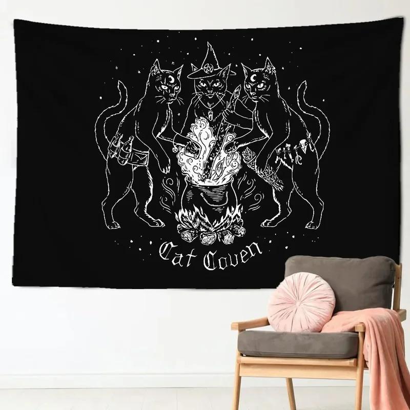 VIKAMA Witch Cat Tapestry Mystic Moon Star Wall Art Esoteric Divination Art Suitable for Living Room or Bedroom