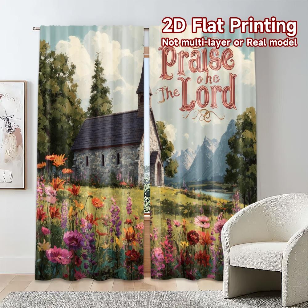 2pcs, 2D FLAT PRINTING Curtains (Without Rod) Country Chapel Popular Print Curtains Versatile Fabric Curtains Decorations For