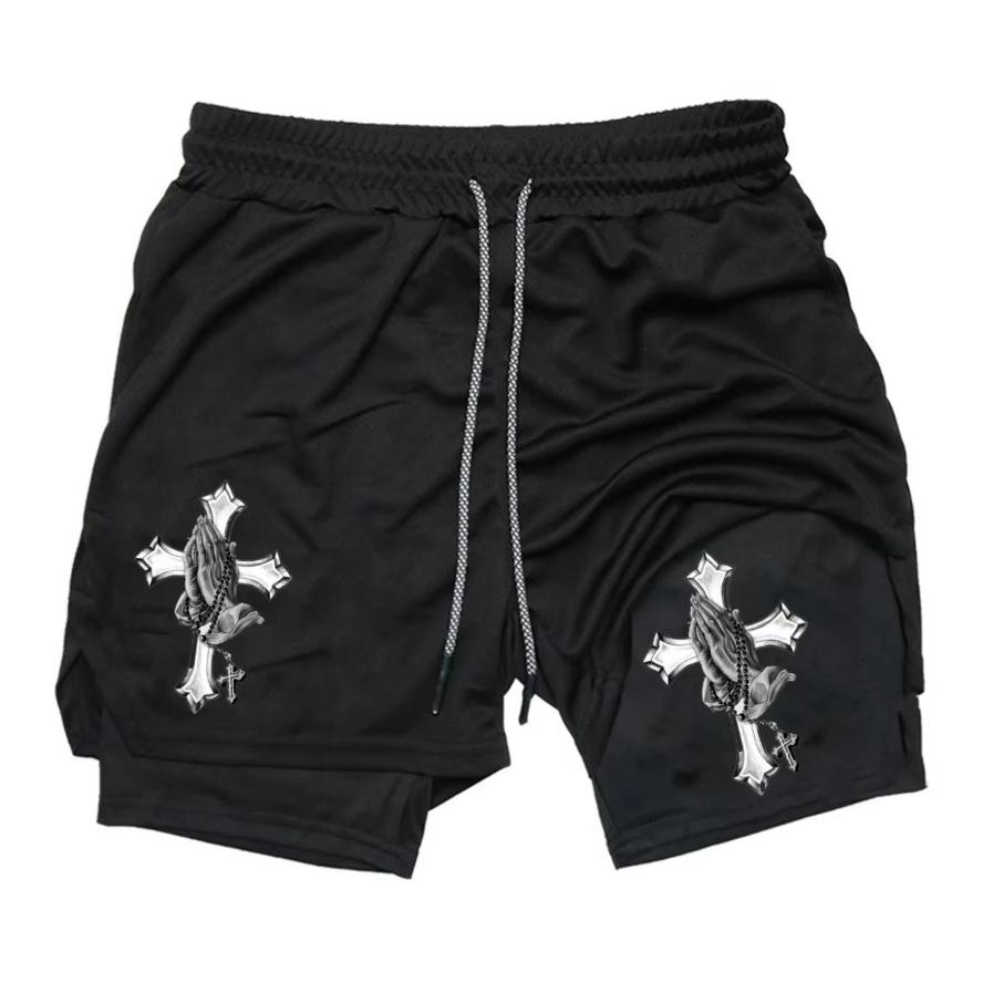 Muay Thai Kick Boxing MMA Shorts Cross Christian Pray God Men Women Unisex Double Layer Quick Dry Breathable Training Sport Gym Fitness Workout