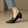 Phoentin Office Lady Elegant Black Shoes Women's Pointed Toe Mid Heels Genuine Leather Retro Pumps