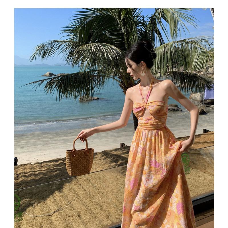 Ladies Summer Seaside Holiday Printed Chiffon Backless Halter Dresses