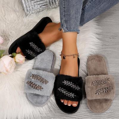 Осенне-зимние меховые тапочки с листом из страз для женщин - Большой размер 43, Повседневный домашний комфорт на толстой подошве
