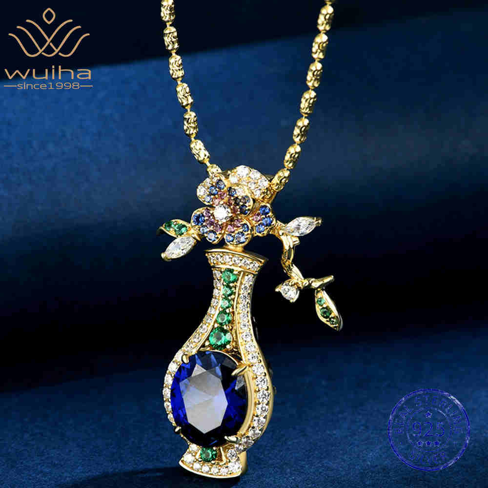 WUIHA 925 Sterling Silver 9 * 11 MM Lab Sapphire High Carbon Diamond Gemstone Wedding Engagement Pendant Necklace Fine Jewelry