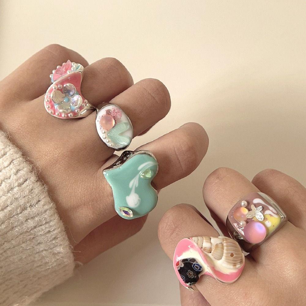 Geometric Enamel Love Heart Ring Open Ring Irregular Enamel Ring Painting Ring Women