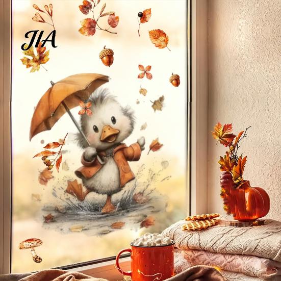 Party Decoration Stickers for Glass Autumn Static Window Sticker with Cute Animals & Maple Leaves, Removable Harvest Decorations Festival Clings,