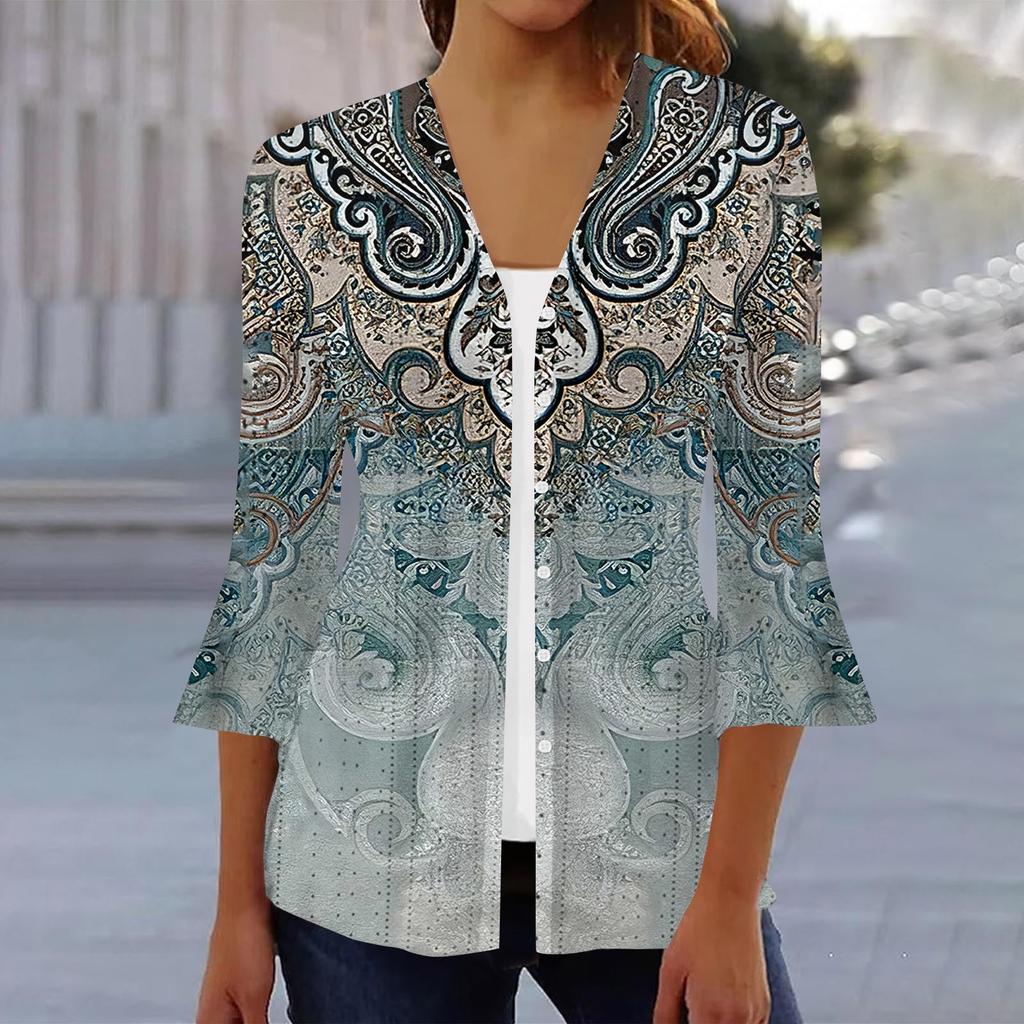 Women's Fashion Loose Casual Printed Three-quarter Sleeve Button Shirt Cardigan Top
