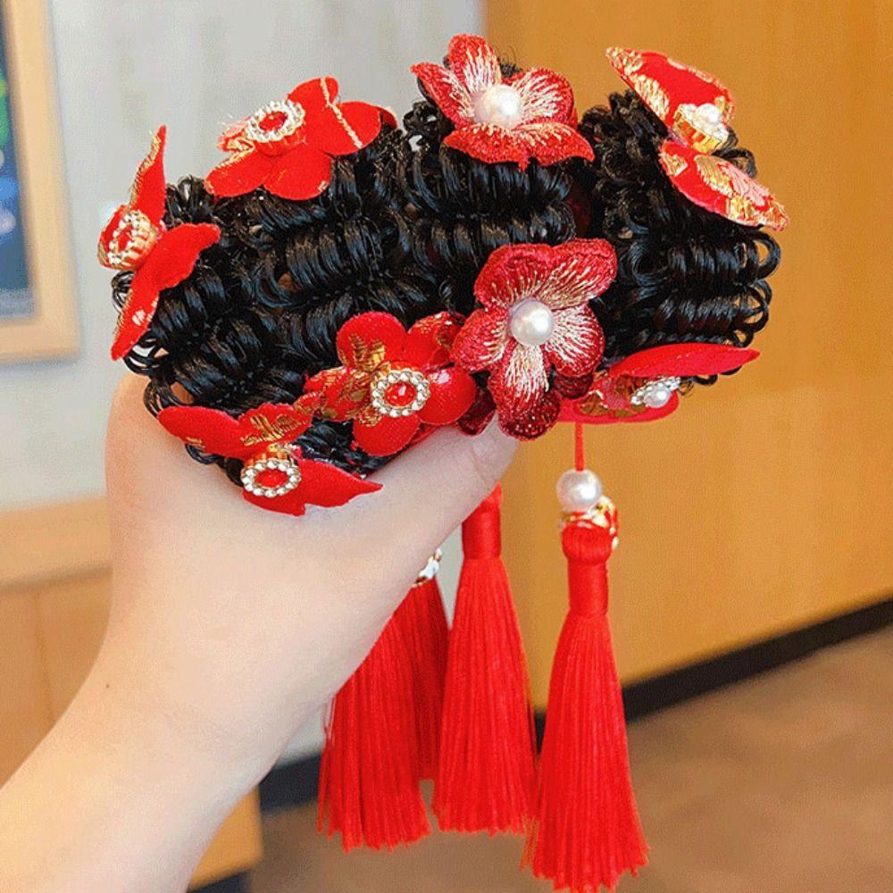Flower Children Hanfu Hair Ring Red Ancient Style Scrunchines Bow Wig Braid Hair Rope  Baby