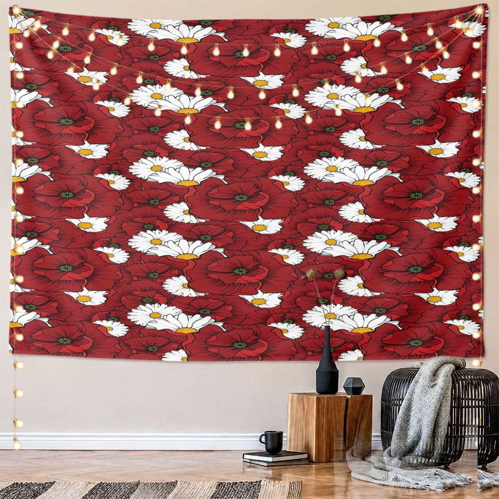 "Red Poppies and White Daisies Pattern" Pattern Wall Hanging Tapestry Decorative Tapestry Home Decor for Bedroom and Living Room