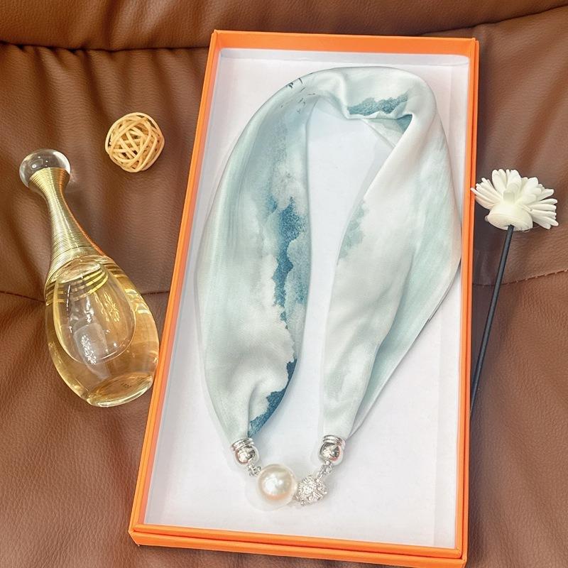 Silk Scarf Women's Spring, Autumn and Summer New Fashion Neck Protection Decoration Long Necklace Type Magnetic Buckle Scarf Small Scarf