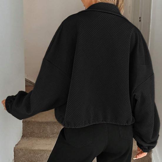 Women's Full Zip Short Jacket Casual Long Sleeve Stand Collar Crop Coat Drawstring Hem Fall Sweatshirt with Pockets