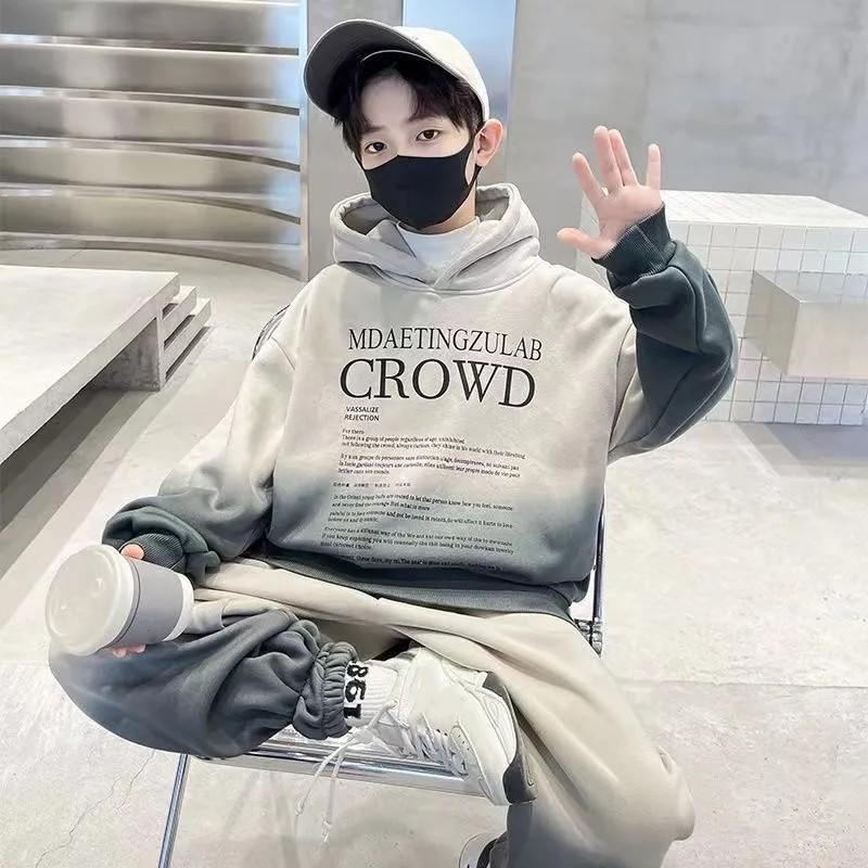 Мальчиковый демисезонный переходный комплект Свободное худи с капюшоном + Спортивные штаны Повседневный спортивный костюм-двойка
