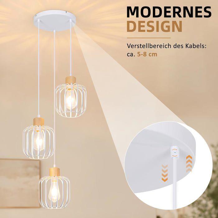 Lustre suspension - NETTLIFE - Lustre bois 3 ampoules E27 - Blanc - Style moderne scandinave - Abat-jour métal ajouré