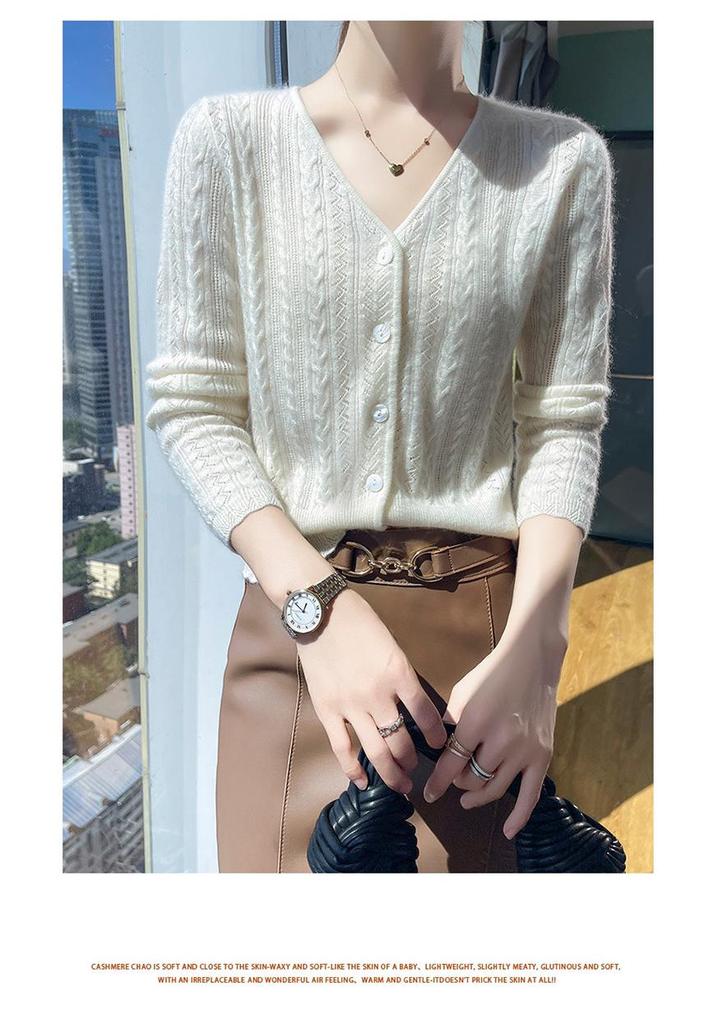 Elegant Women's V-neck Cashmere Jacquard Cardigan - Soft Knitwear for Autumn & Winter