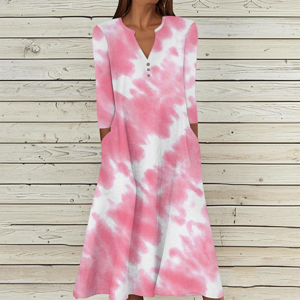 Женское летнее повседневное платье с V-образным вырезом на пуговицах, винтажным цветочным принтом, рукавом три четверти, длинное, с карманами